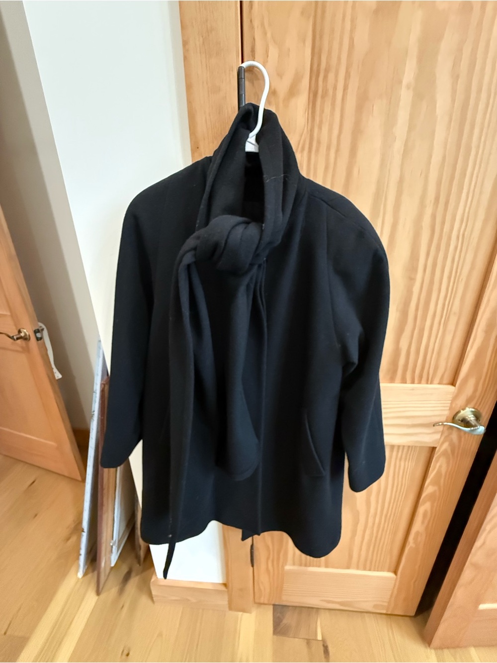Jones New York Pure Wool Black Scarf-Collar Pea Coat Jacket